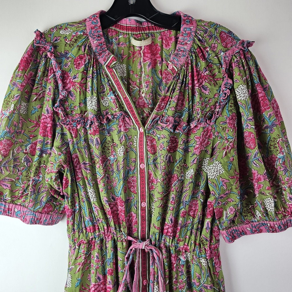 LOLA Australia NWOT Pink Floral Boho Resortwear Midi LS Button Tie Waist Dress M - Picture 10 of 10